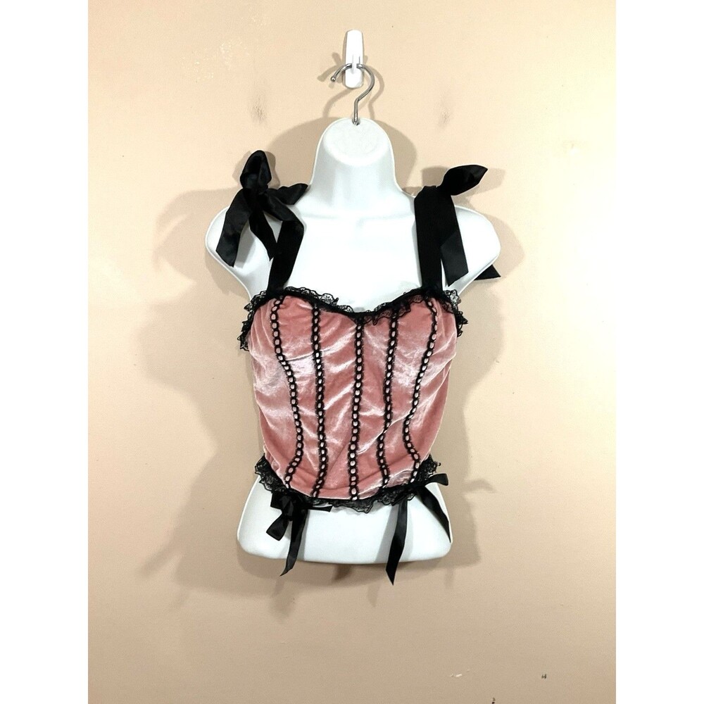 Romwe Womens Velvet Corset S Pink Black Whimsigoth Goth Dark Romantic Coquette